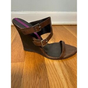 Nancy‎ Geist Brown Leather Wedge Sandal IT36 US6 Double Buckle Made in Italy